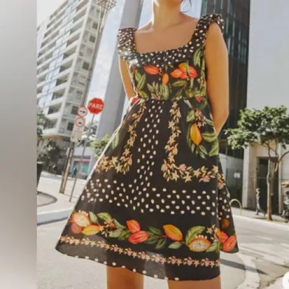 FARM Rio Black Mini Dress with Orange & Green Floral Print
